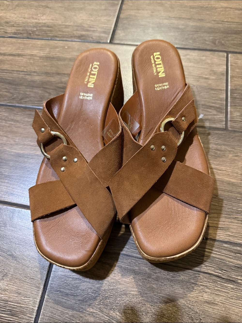 LOTTINI Made In Italy Suede Cross Band with Buckle Cork Wedge Slide size 41
